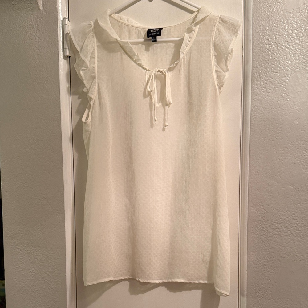 Cream Ruffle-Sleeve Tie-Neck Blouse